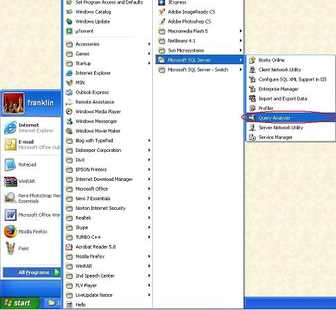 First, goto start -> All Programs -> Microsoft SQL Server -> Query Analyzer and click the Query Analyzer